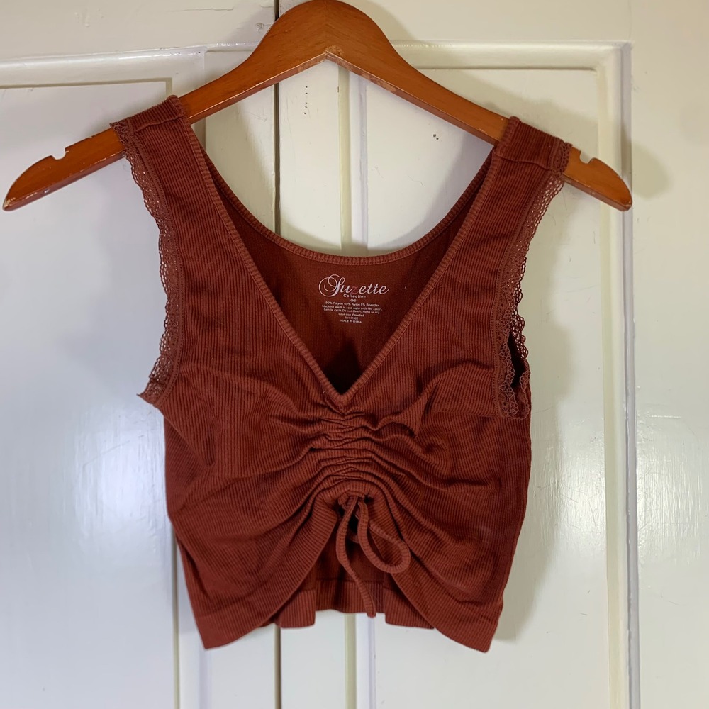 Suzette Collection Rust Ribbed Ruched Front Lace Trim Crop Tank Top One Size